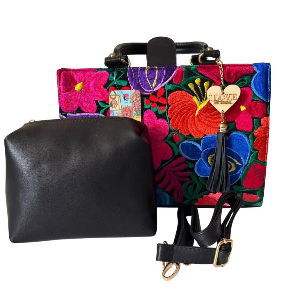 Floral Vibrant Tapestry embroidery artisanal handbag satchel vegan leather w mak